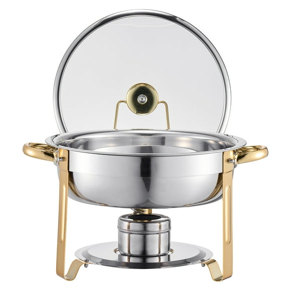 KFFKFF Ensemble de Plats à Friction pour Buffet, 5 Qt Lot de 4, Réchaud en Acier Inoxydable avec 4 Poêles Format Double, Réchaud Rond pour Traiteur avec Couvercle en Verre, Casserole à Eau Support Pliant Porte-Carburant