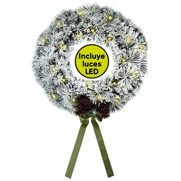 Corona de Navidad Artego 50cm Iluminada Nevada con 2 Piñas Gigantes y Luces LED Cálida