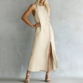 thumbnail image 5 of Guieoi Summer Dresses for Women under $10 Plus Size Decorative Button Cotton-Linen Loose-Fit Sleeveless Slit Hem Maxi Dress Beige XL, 5 of 7
