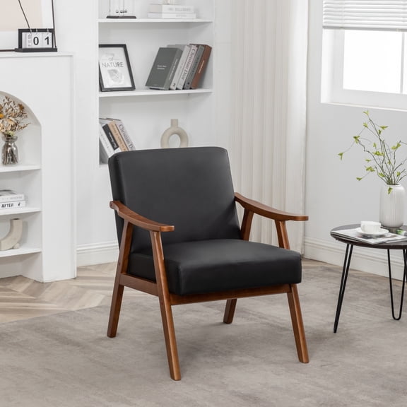 Mintazer Mid-Century Modern Microfiber Leather Accent Chair, Armchair for Living Room Bedroom, Black