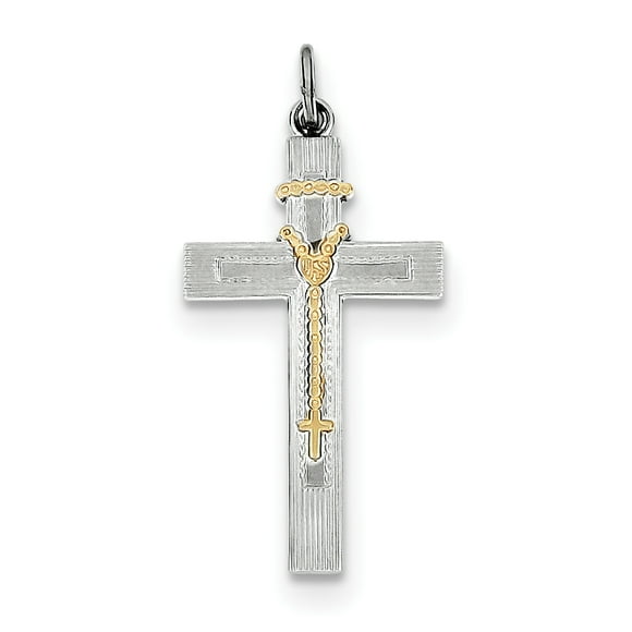 Sterling Silver Rhodium-plated & Vermeil Rosary Cross Pendant QC5833 (mm x mm)