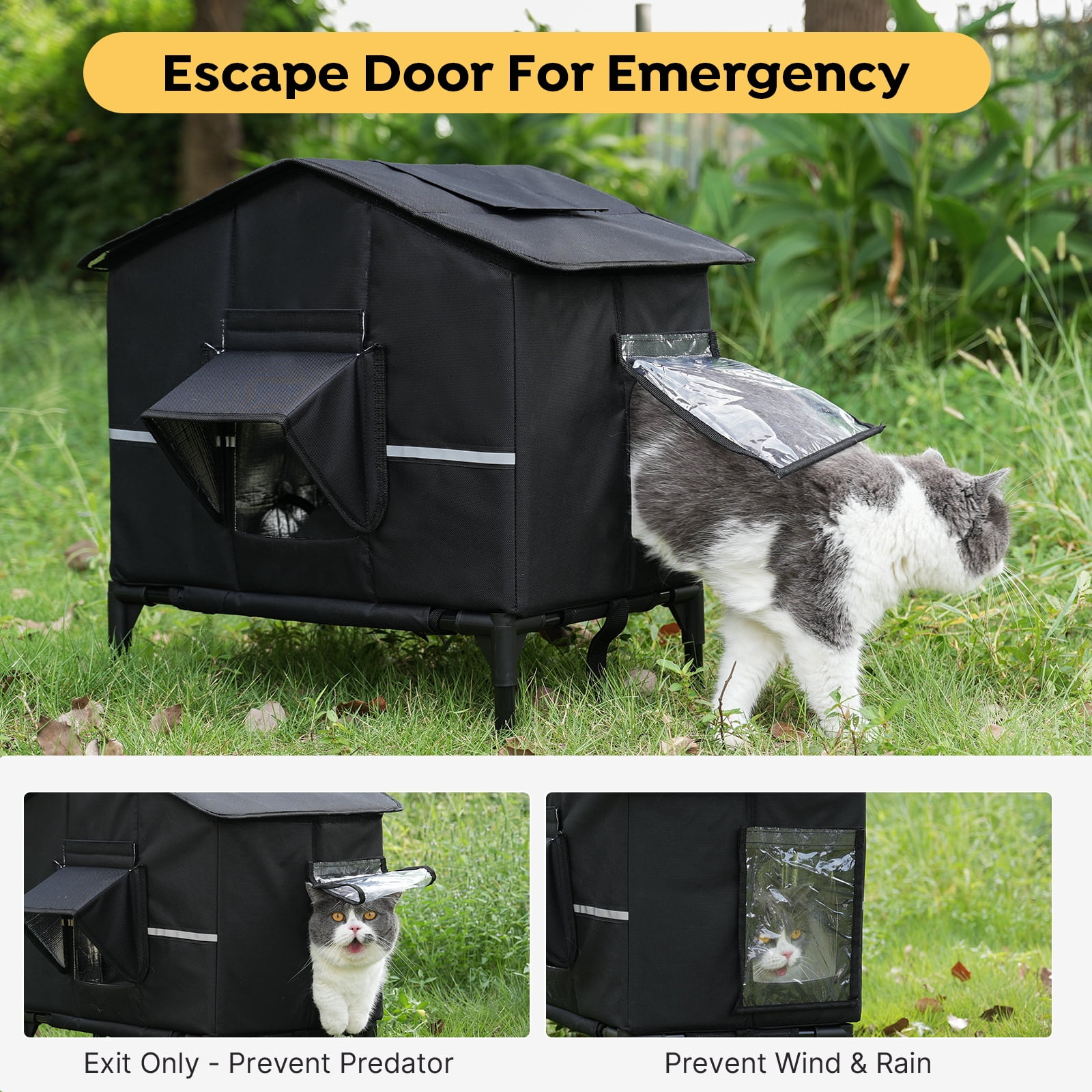 Veehoo Outdoor Cat House Weatherproof, Outside Insulated Feral Cat Shelter with Elevated Base, Waterproof Eaves & Escape Door for Stray Barn Cats, 25.6"x16.5"x22.4"