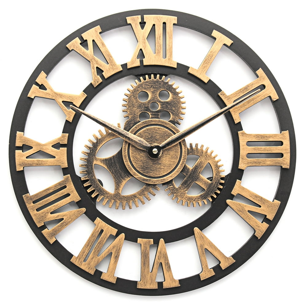 24 Inches Industrial Style Gold Metal Round Gear Wall Clock with Roman