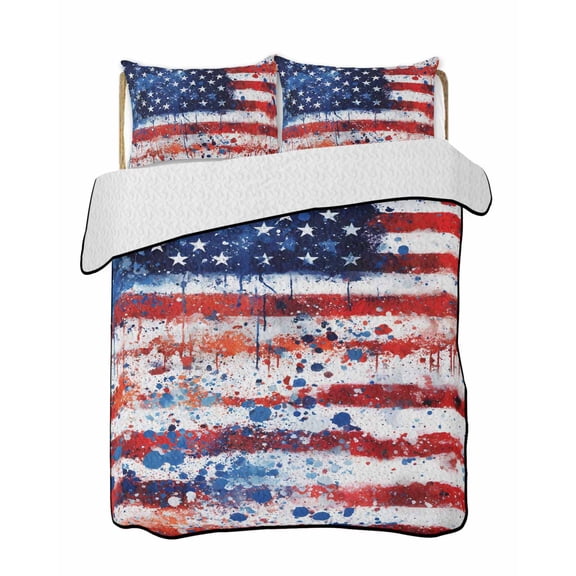 Quilt King Size Bedding Set, American Flag Independence Day Reversible Summer Quilt 3 Pieces, 4th of July USA Flag Lightweight Bedspreads Coverlets with 2 Pillow Shams for All Seasons