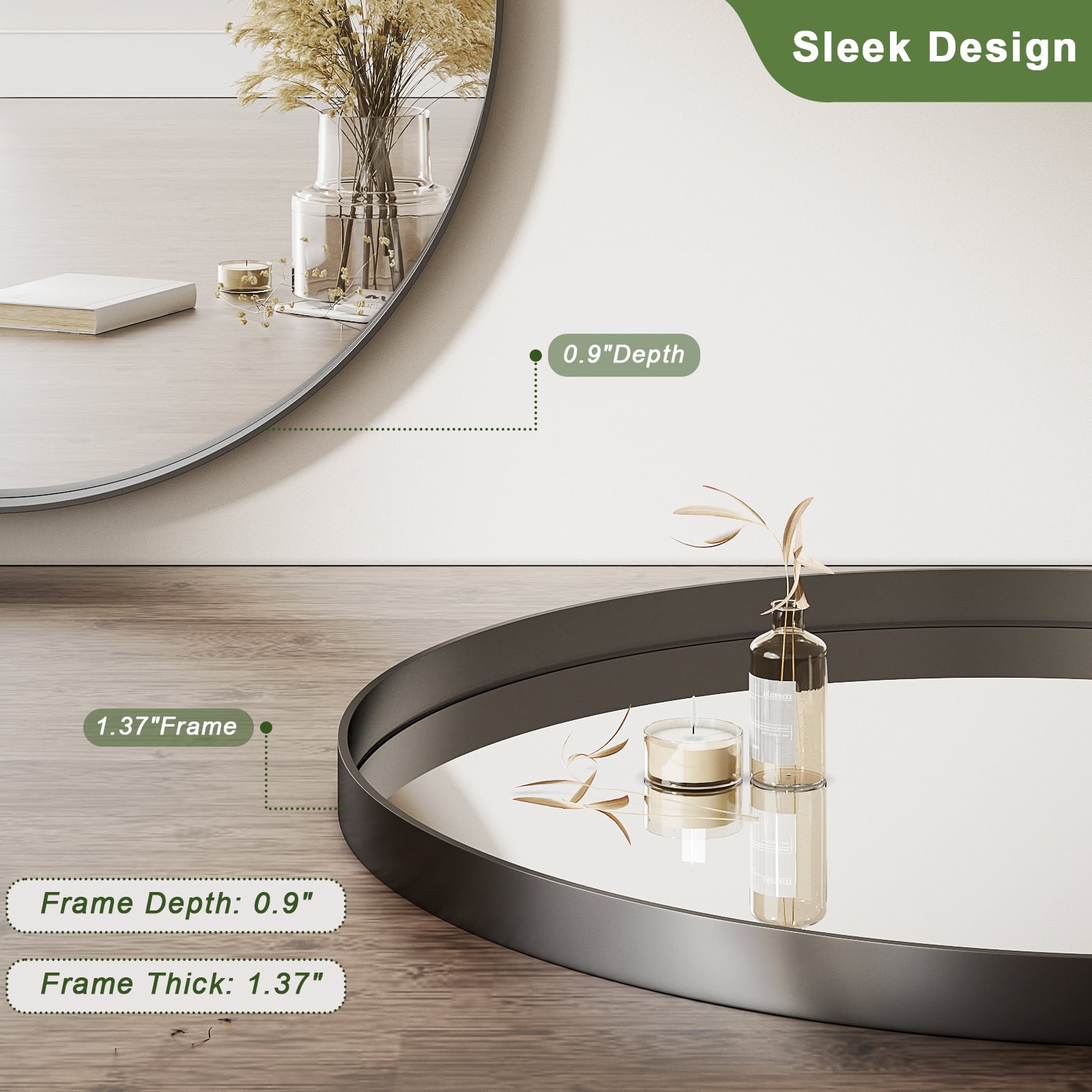 GRAHMCY 30" Bathroom Round Mirror With Deep Frame Wall Decor, Black