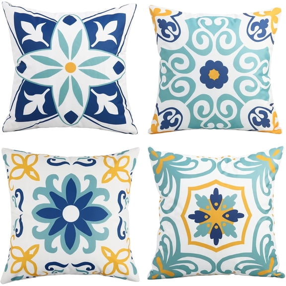 4 Pack Outdoor Pillow Covers, Waterproof Outdoor Pillows for Patio Furniture, Patio Cushion Covers, Boho Floral Farmhouse Washable Outdoor Decorative Pillows
