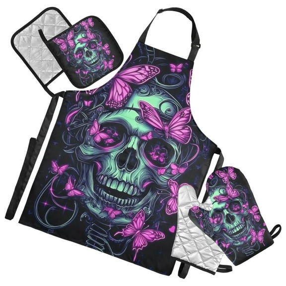 Purple Skull Butterfly Oven Mitts and Pot Holders with Chef Apron Set 5 Pcs Kitchen Cooking Set