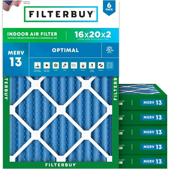 Filterbuy 16x20x2 Air Filter MERV 13 Smoke Defense, Pleated HVAC AC Furnace Filter Replacement, 6-Pack