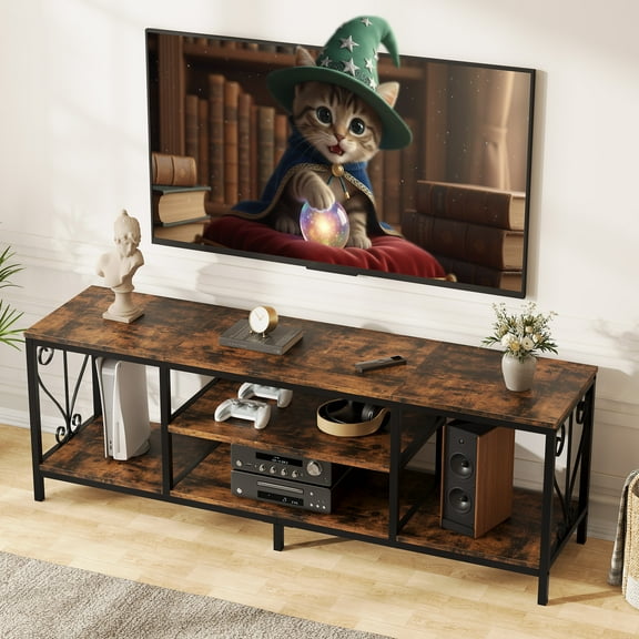 Vividwood 65-Inch TV Stand, Rustic Brown Entertainment Center with 3-Tier Open Storage, S-Shaped Frame, Soundbar Shelf, and 6-Leg Support