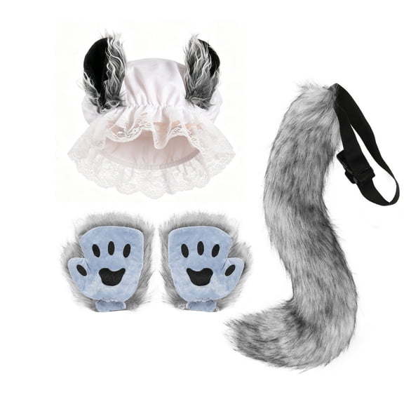 Halloween Scary Wolf Granny Costume with Plush Ear Hat and Tail & Gloves Accessories