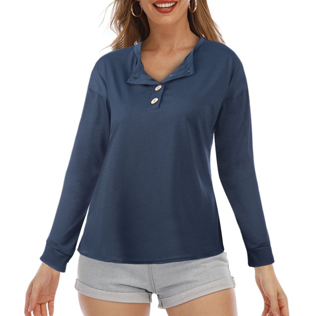 Camiseta casual para mujer, botón, sólido, cuello redondo, manga larga, otoño, blusa, blusa Abanopi Aqua/Pequeña