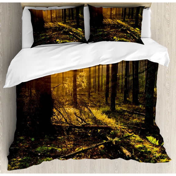 Nature Duvet Cover Set, Misty Morning in the Forest with Sun Rays Mother Earth Foliage Dawn Picture, Decorative 3 Piece Bedding Set with 2 Pillow Shams, King Size, Brown Fern Green, by Ambesonne