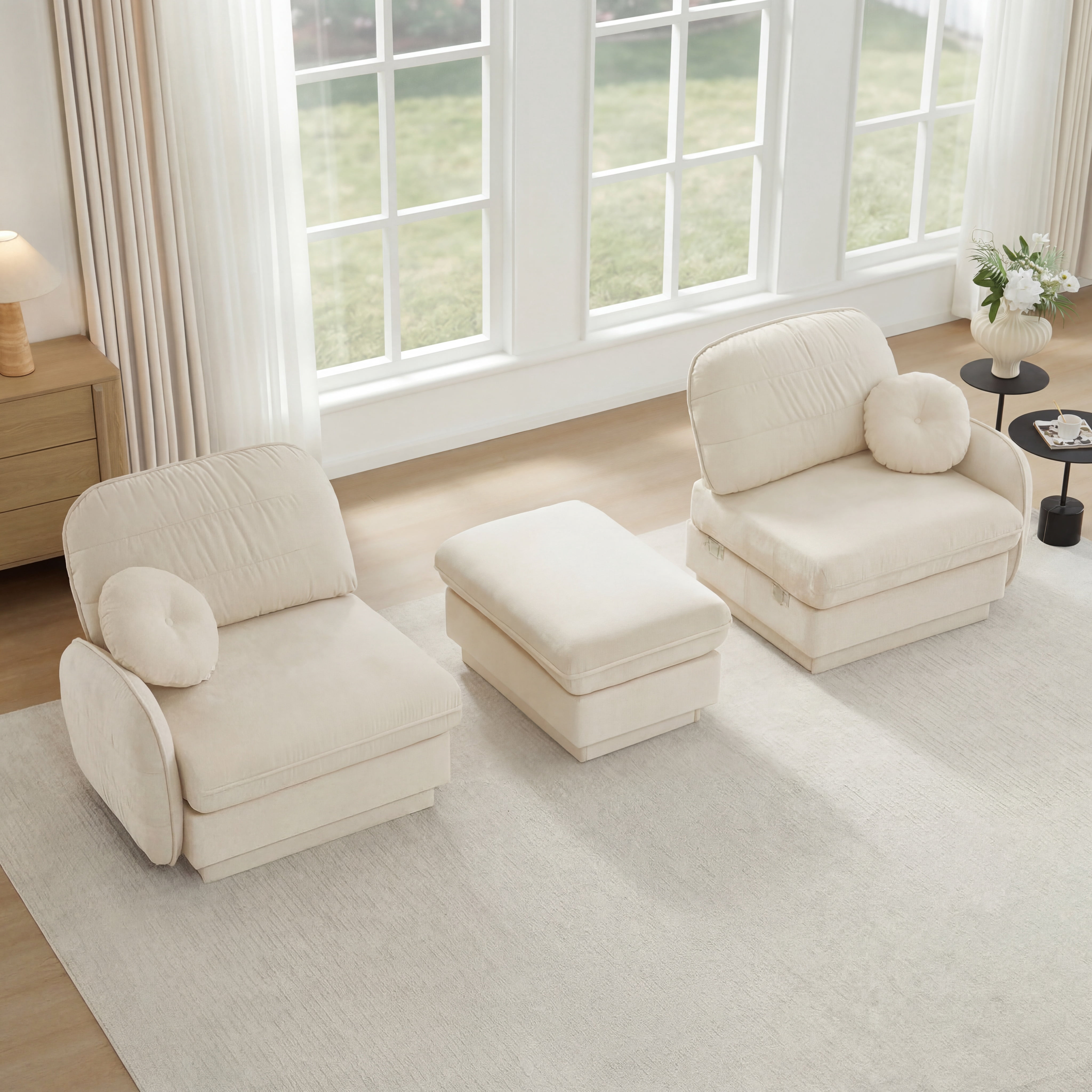 Mintazer Chenille Cloud Loveseat Sofa with Movable Ottoman and Round Pillows, L-Shaped Ergonomic Sofa Couch for Living Room, Bedroom, Cream
