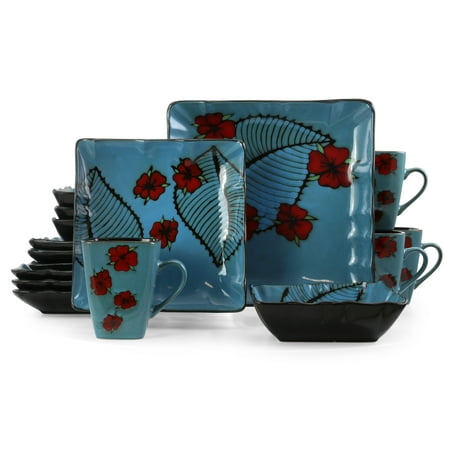 

Elama Aloha Tide 16 Piece Square Stoneware Dinnerware Set in Blue and Floral