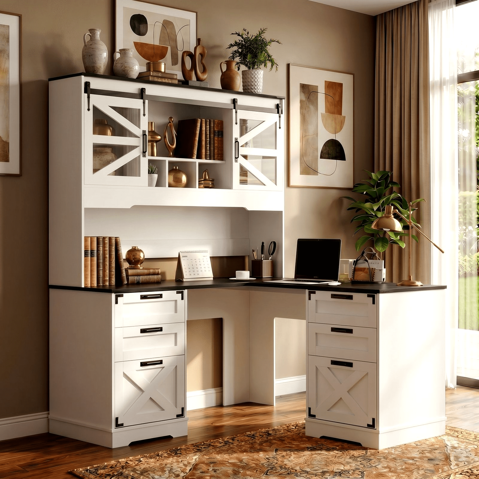 RichYa Farmhouse Executive Desk with Hutch, L Shaped Writing Study Table with Storage Shelves, File Drawers and Charging Station, for Home Office, White