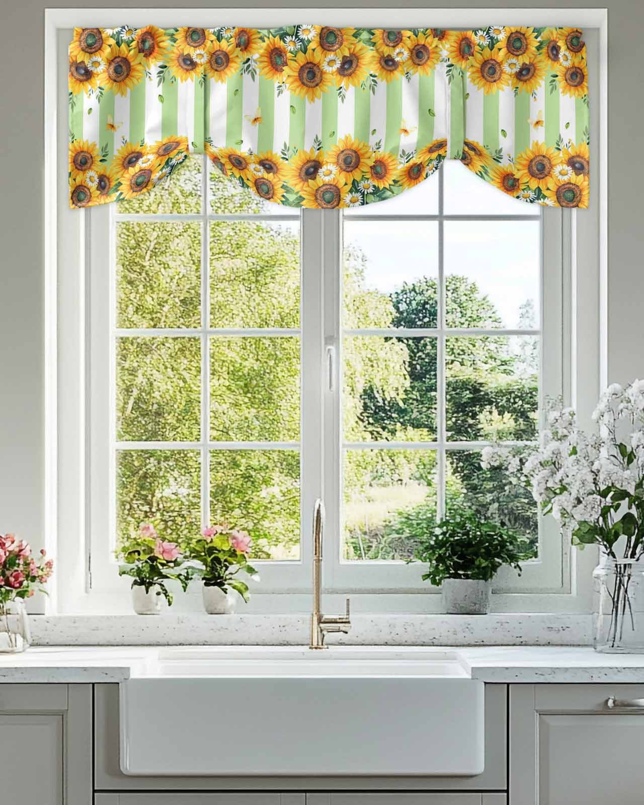 Summer Sunflower Tie Up Valances Curtain, Adjustable Kitchen Daisy Butterfly Leaf Green White Stripe Valances for Windows Decor, Rod Pocket Short Curtains Set for Bedroom/Bathroom, 54"x18"