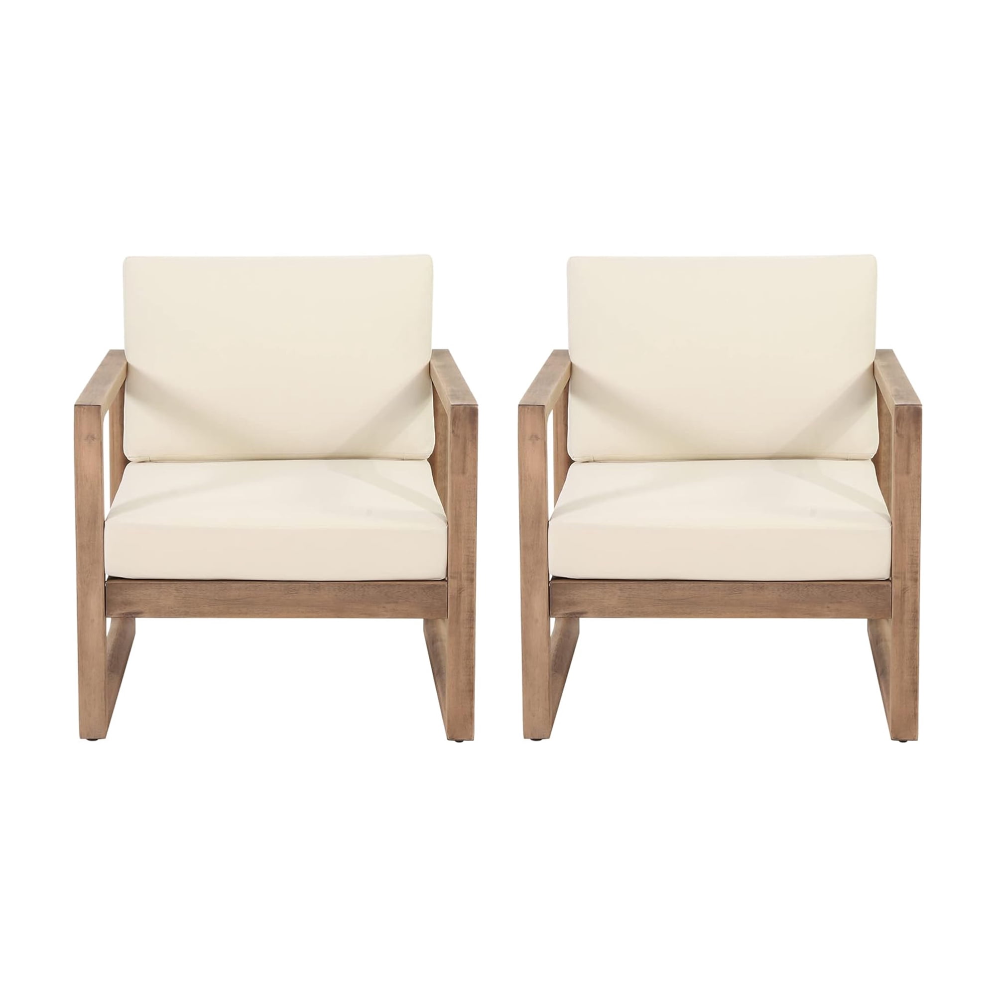 Set of 2 Outdoor Acacia Wood Club Chairs with Water-Resistant Cushions and Slatted Design, Patio Seating for Garden, Brown and Beige