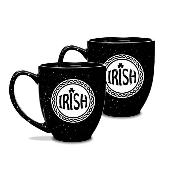 Irish Celtic Logo Deep Etched 15 oz Black Bistro Mug - Set of 2