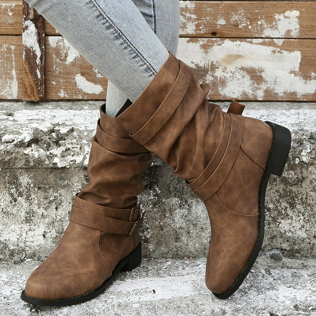 EGNMCR Bottes d'Hiver pour Femmes Chaussures de Mode pour Femmes Bottes Western Rétro Bottes Décontractées Chaudes à Talons Bas Bottes Mi-Mollet