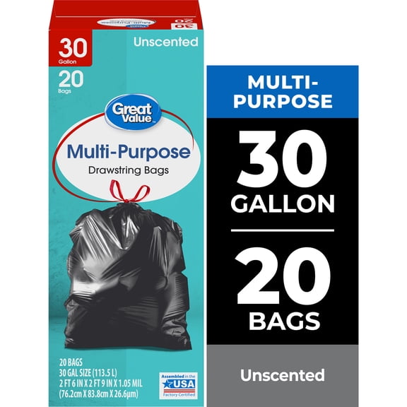 Great Value Multi-Purpose Large Trash Bags, Made with 10% Post-Consumer Recycled Materials, 30 Gallon, (Drawstring)
