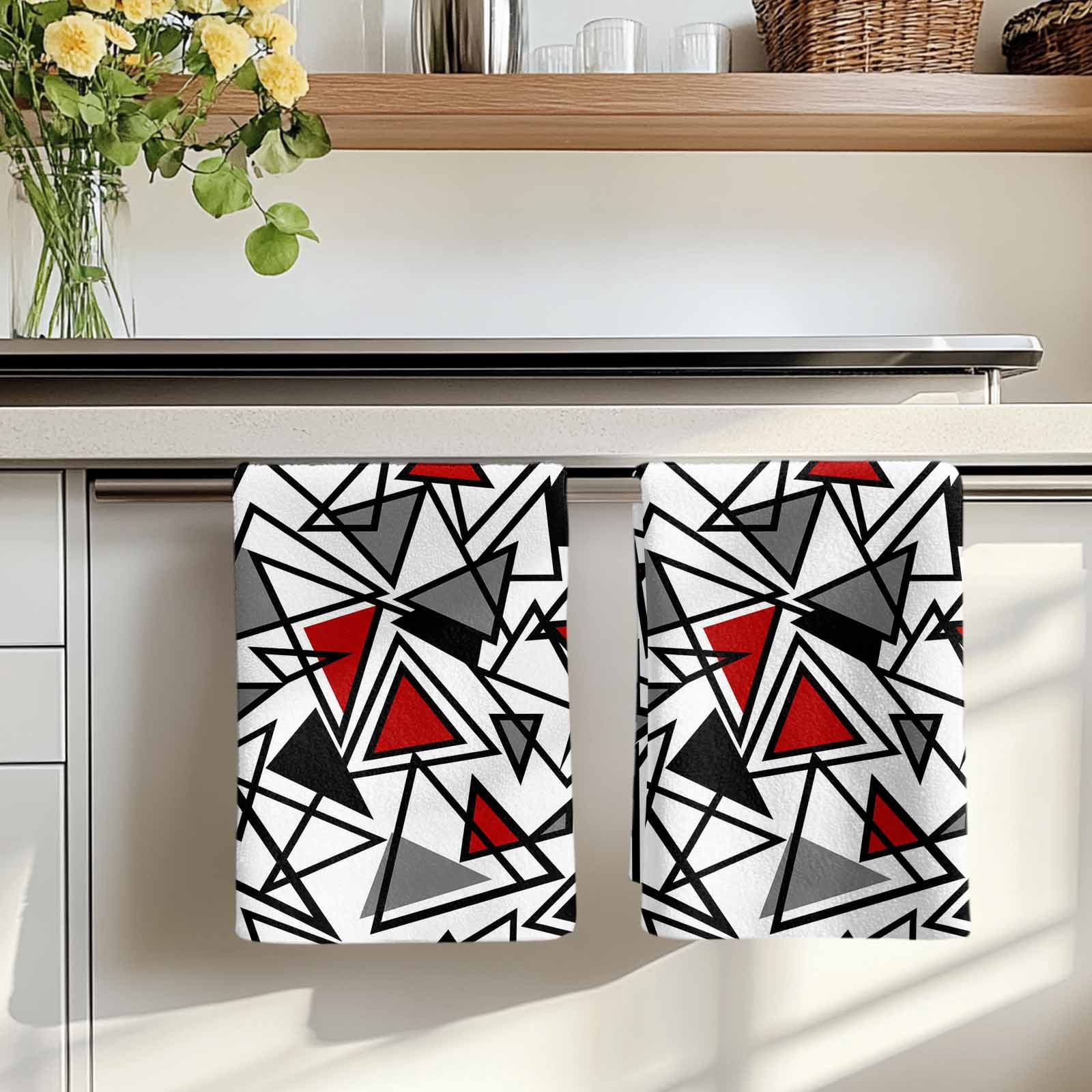 Dish Towels, Red Grey Geometric Absorbent Kitchen Towels 2 PCS, Triangle Modern Art Microfiber Hand Towels Dish Cloths Tea Towels for Home&nbsp;Bathroom Cleaning Drying,18X28-Inch,