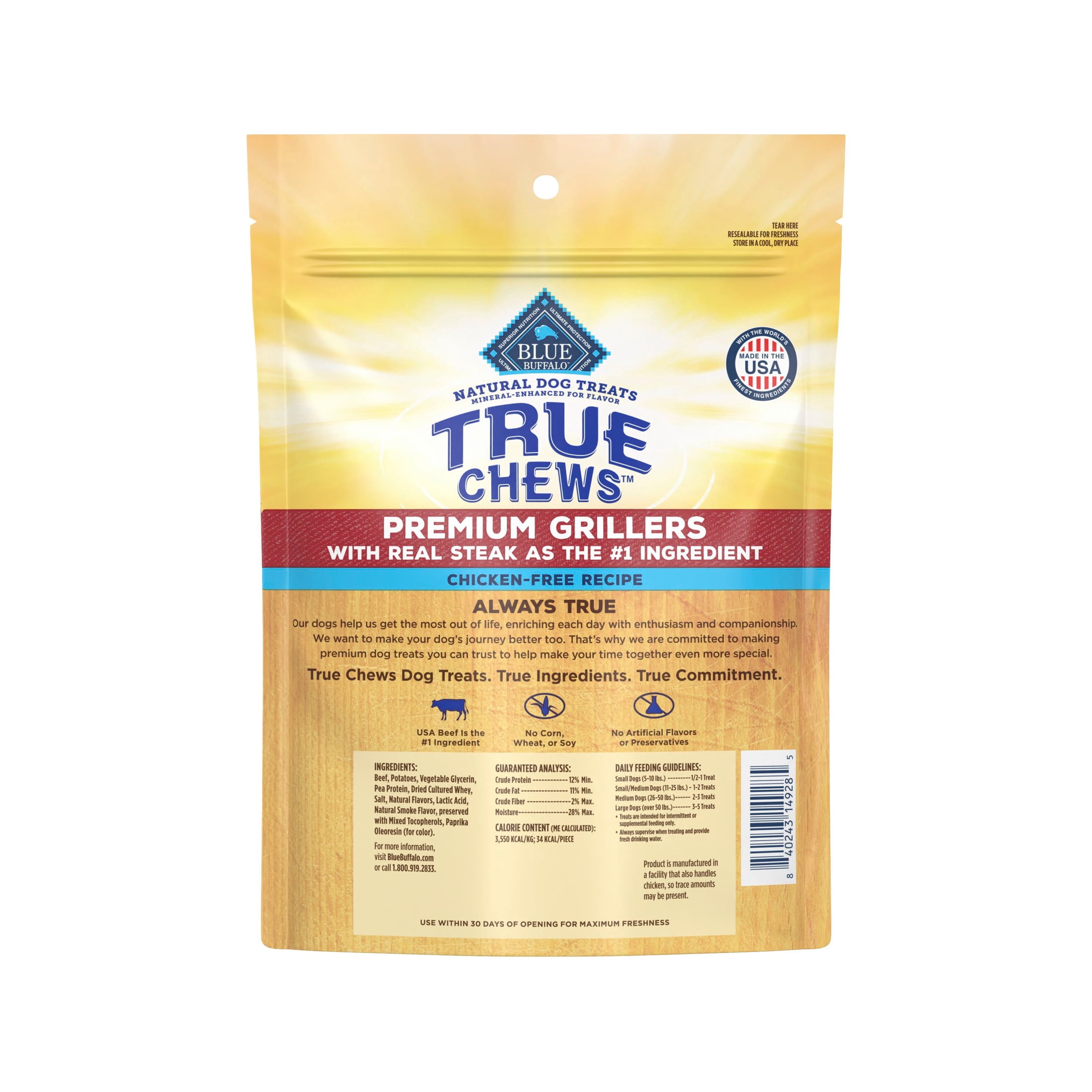 Blue Buffalo True Chews Premium Grillers Chicken-Free Natural Dog Treats, Steak, 10oz.