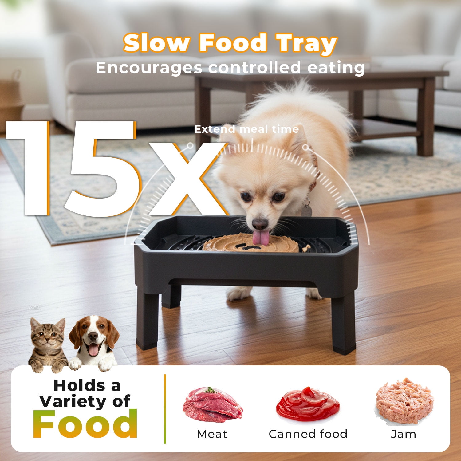 Adjustable Elevated Dog Bowls with Stand, 4 Height Settings, Double Stainless Steel Bowls with Raised Splash Guard, Feeding Station with Licking Tray