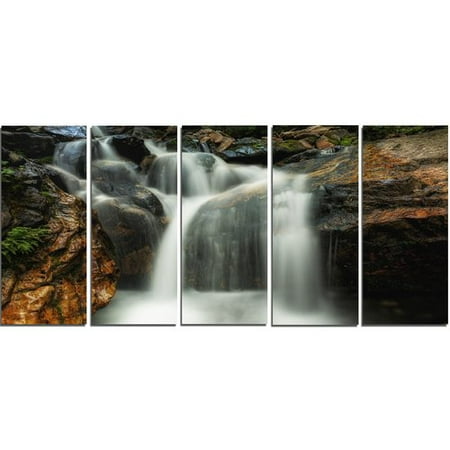 Design Art Slow Motion Waterfall on Rocks 5 Piece Wall Art on Wrapped Canvas