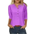 thumbnail image 1 of Timegard Tops for Women Notched V-Neck Button 3/4 Sleeve Solid Color Comfy Summer Casual Loose Tops, 1 of 5