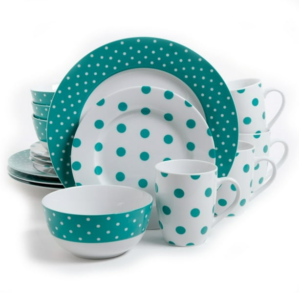 Isaac Mizrahi Dot Luxe 16 Piece Dinnerware Set, Teal