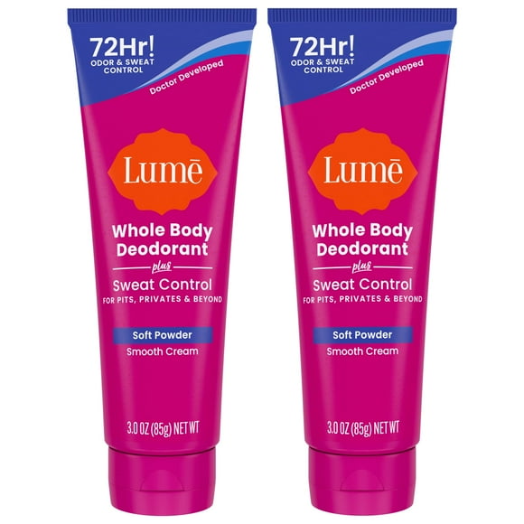 Lume Whole Body Deodorant Plus Sweat Control - Smooth Cream Tube - 72 Hour Odor And Sweat Control - Baking Soda Free, Skin Loving - 3.0 ounce (Pack of 2) (Soft Powder)