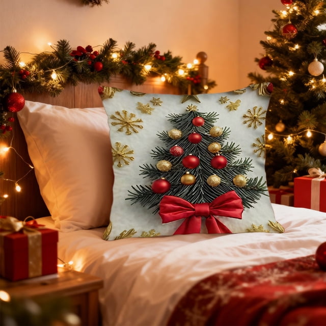 Funda de Cojín Navideña 3D Dorada con Diseño de Árbol de Navidad | Decoración para Sofá o Dormitorio | Lino Multicolor | 45 X 45 X 1,5 Cm | 1 Unidad