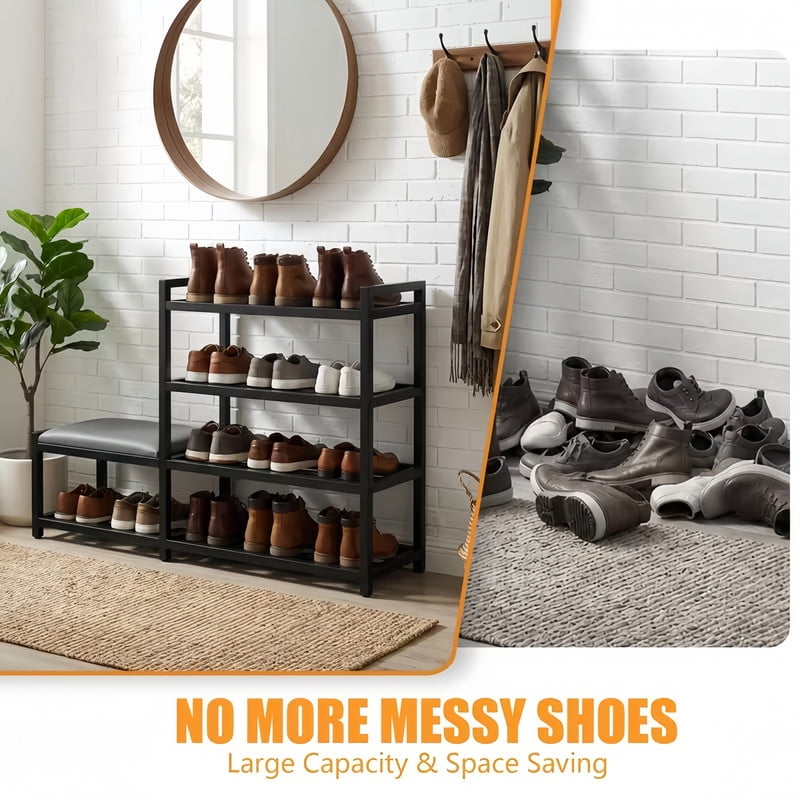 4-Tier Shoe Rack and Upholstered PU Leather Shoe Bench Set of 2, Carbon Steel Free Standing Shoe Storage Shelf