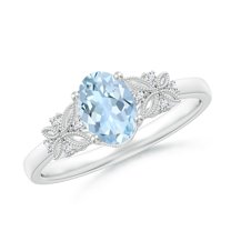 ANGARA Natural Vintage Style Oval Aquamarine Ring with Diamonds in 14K White Gold for Women (Size-7x5mm) | March Birthstone, Birthday, Anniversary, Jewelry Gift for Women | Natural Aquamarine Ring