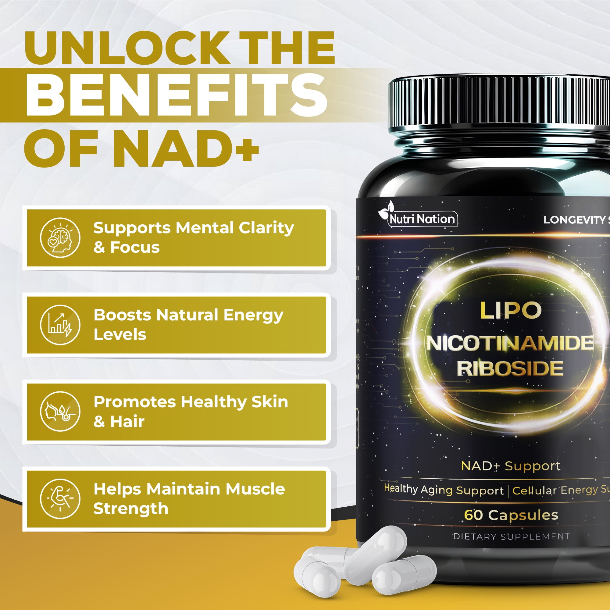 Nutri Nation Liposomal NAD Supplement Nicotinamide Riboside 500mg 120 ct, Energy and General Wellness 2 Bottle Bundle