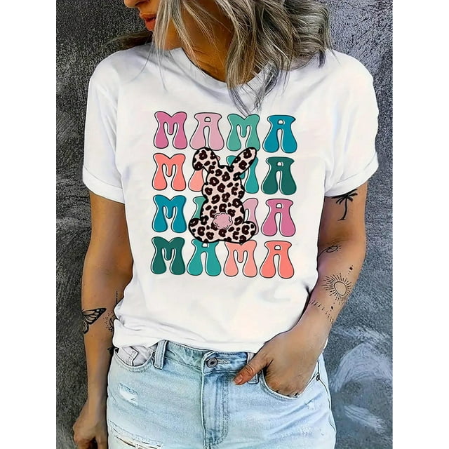 T-Shirt Graphique à Imprimé Léopard "Mama" pour Femmes - Col Rond Décontracté Manches Courtes, Haut d'Été Doux et Confortable, Noir avec Lettrage Coloré, Parfait pour Tenue Décontractée, Tenue Décontractée Décontracté