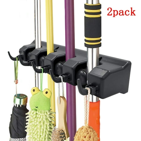 2Pack Mop and Broom Holder Wall Mounted Hanger Organizer Kitchen Rack Tool Rack with 4 Slots and 5 Hooks