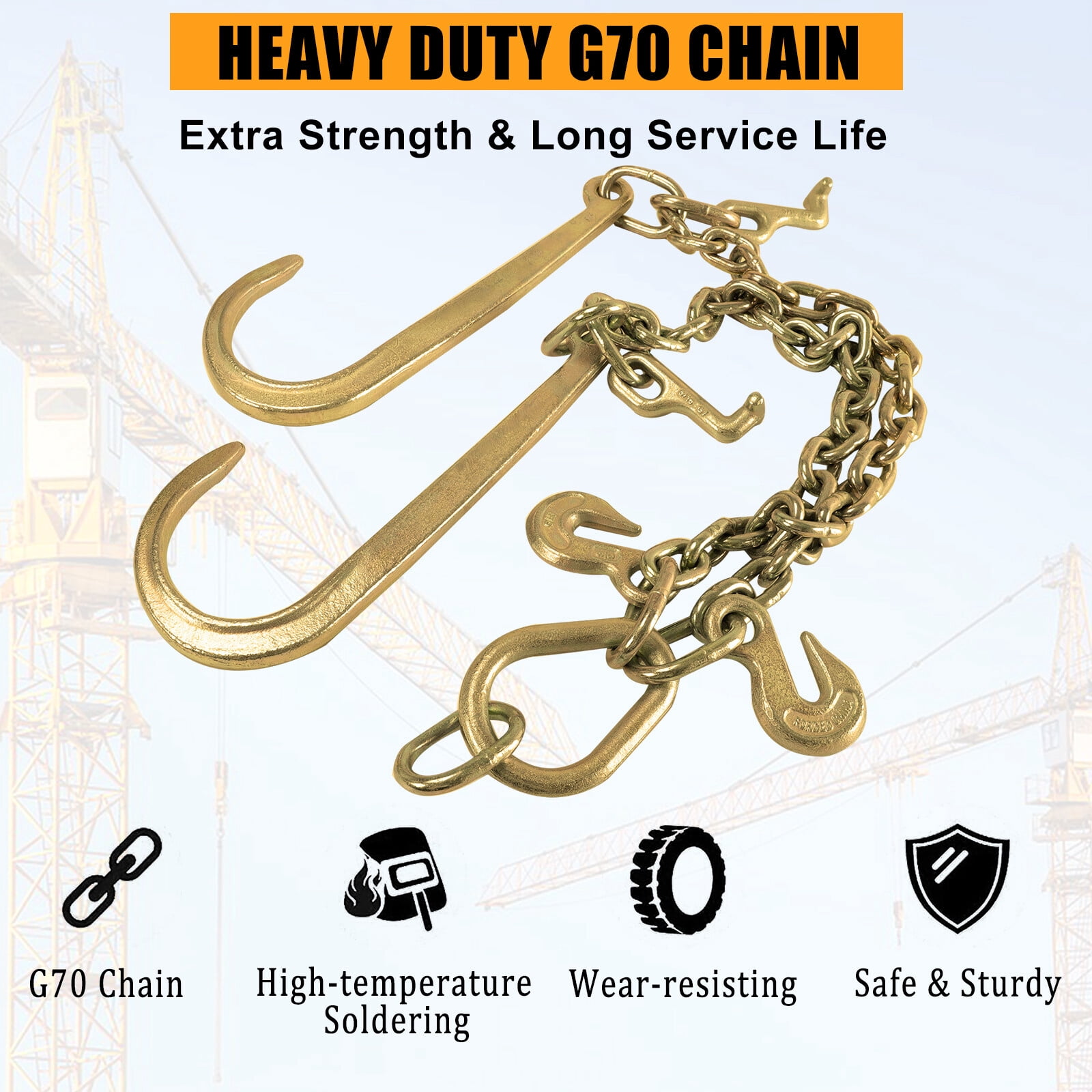 Tow Chain J-Hook 3/8" X 2' V-Type w/ G70 Grab Hook Tractor Car Wrecker Truck Tie