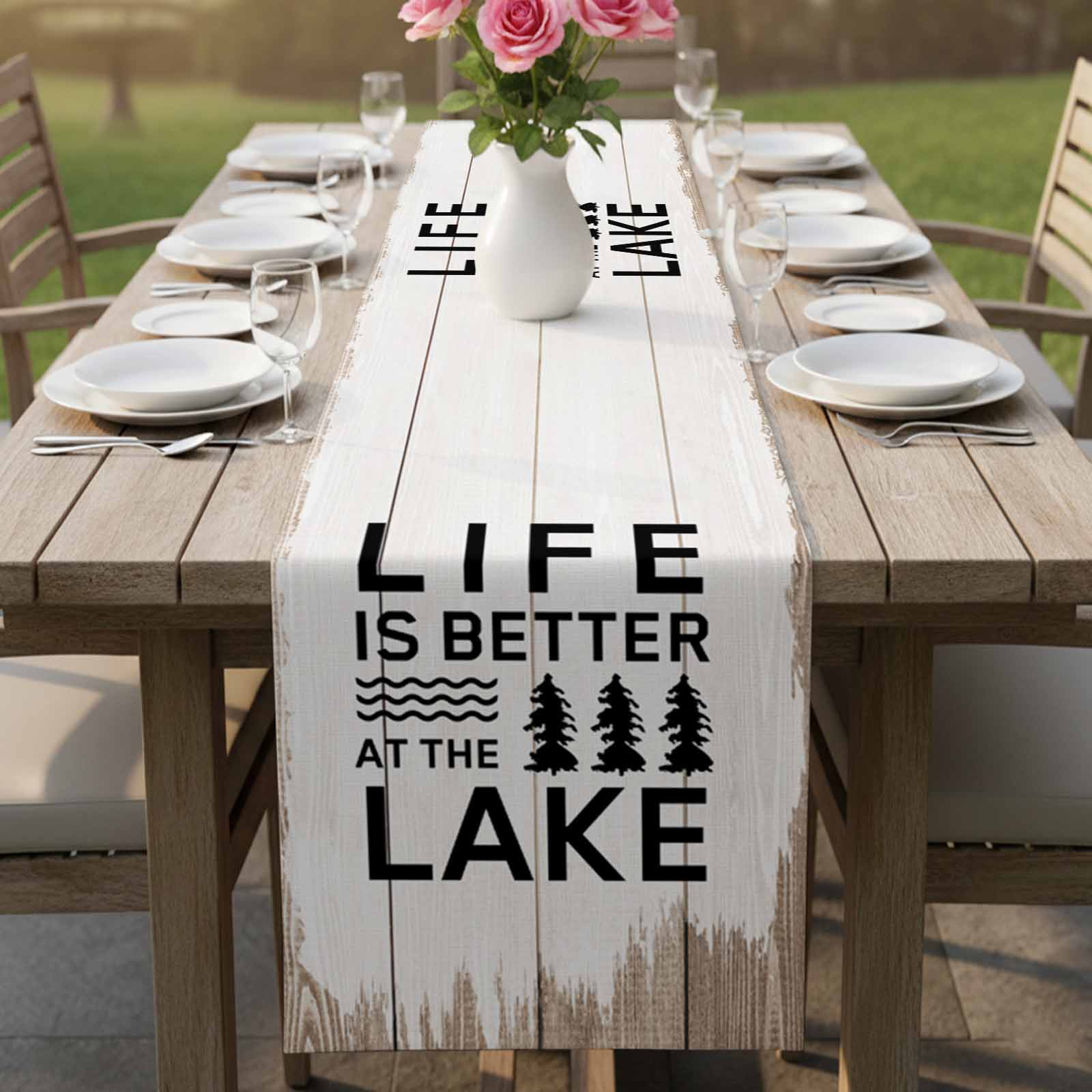 Life Is Better at The Lake Table Runner, Rustic Black Artistic Aesthetics Washable Cotton Linen Table Runners 90 Inches Long, Dresser Scarf Runner for Dining/Coffee/Kitchen/Hallway Tables 13''x90''