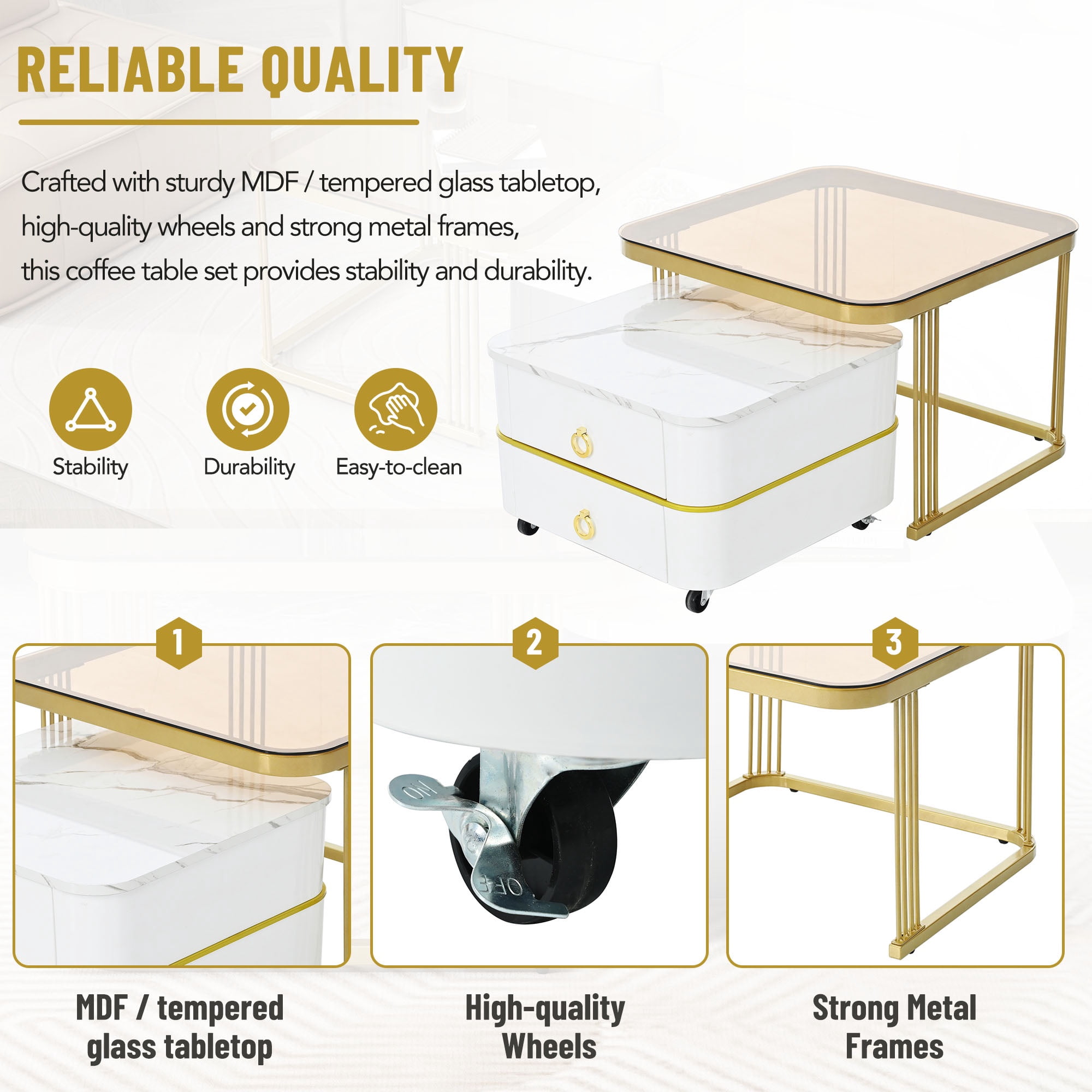 PORKISS 2-in-1 Nesting Coffee Table, Modern Square Coffee Table with Wheels and Drawers, Small Stacking Coffee Table with High Gloss Marble Grain Top and Tempered Glass for Living Room, White/ Gold