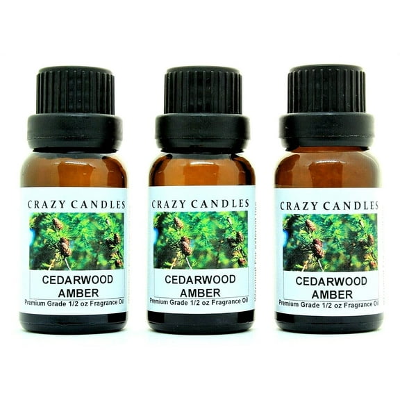 Crazy Candles Cedar Wood Amber 3 Bottles 1/2 Fl Oz Each (15ml) Premium Grade Scented Fragrance Oil (Bergamot, Lavender,Coriander, Sandalwood, Cedar wood, Amber and Musk)