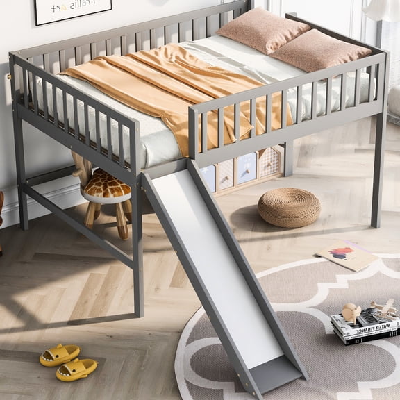 Gray Low Loft Bed with Detachable Slide and Space - Efficient Ladder / Bedroom Multi - Function