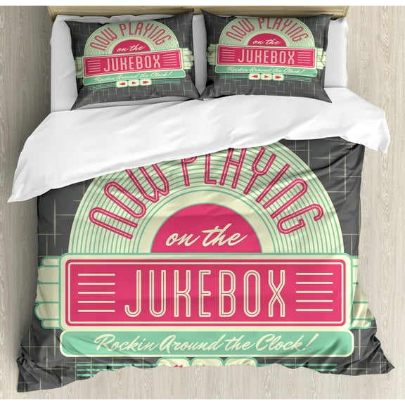 Ambesonne Mint Green Duvet Cover Set, Retro 50s Music Box, Calking, Mint Green Hot Pink