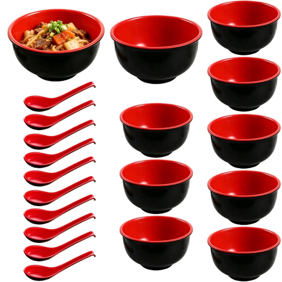 10 Pcs Ramen Bowl Set with Spoons, 5.0 in Plastic Soup Bowls, Black Red Japanese Style Noodle Bowls for Soup Rice Salad Dessert Home Restaurant Party Dining