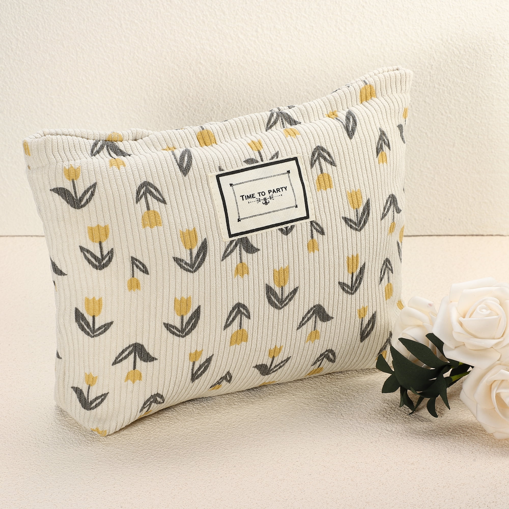 Unique Bargains Floral Makeup BagLarge Capacity Cosmetic Pouch Beige Orange
