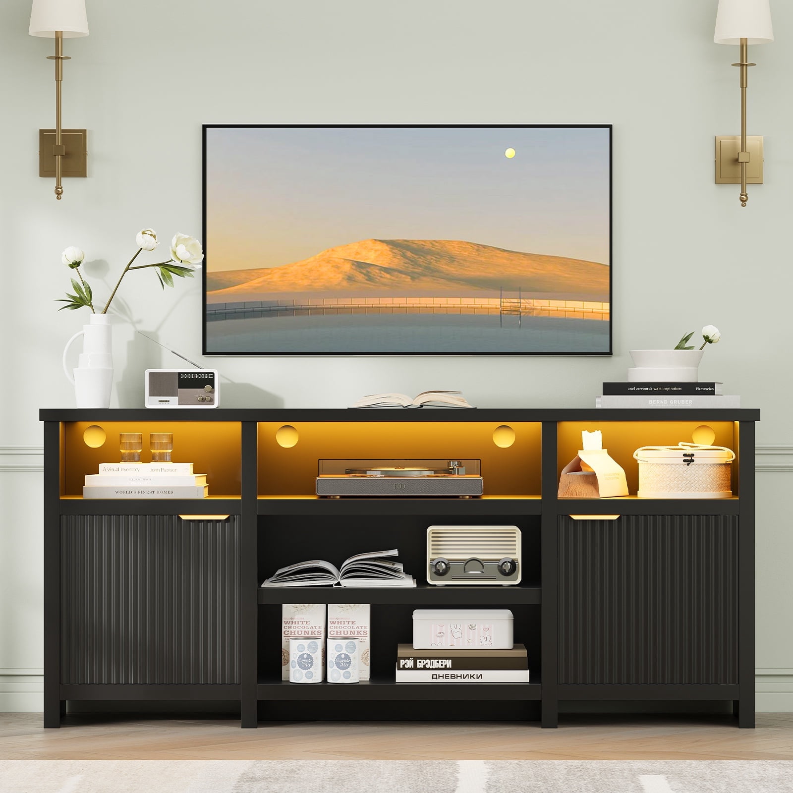 Farmhouse LED TV Stand for 80-inch TVs, Wooden Highboy TV Cabinet Media Console Entertainment Center with Storage for Living Room, Black