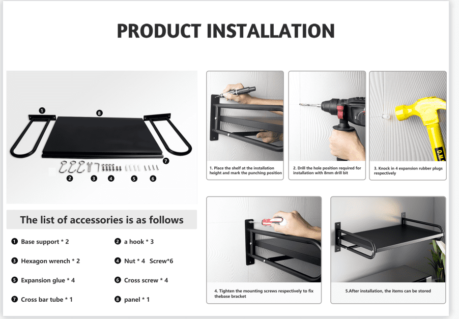 ABCOOL Wall Mount Microwave Oven Shelf Rack White Carbon Steel with Hook Rail and 3 Slidable Hooks