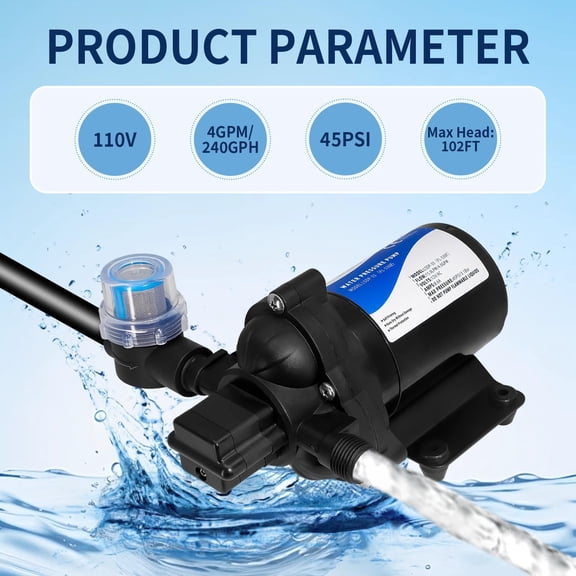 110V AC Water Pressure Booster Pump for RV, 45PSI 4GPM Camper Transfer Pump with Plug, On Demand 3-Chamber Self-Priming Water Pump with Filter for Marine Yacht Garden Hose Bathroom