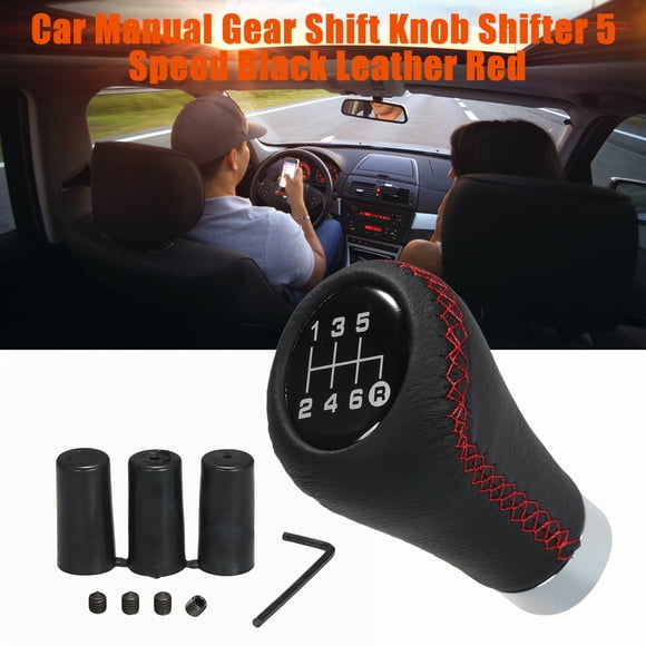 Amdohai Car Manual Gear Shift Knob Shifter Black Leather Red Stitch 6 Speed Universal