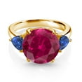 thumbnail image 2 of Gem Stone King 18K Yellow Gold Plated Silver Red Created Ruby and Blue Created Sapphire 3-Stone Ring for Women (8.08 Cttw, Round 12MM, Trillion 5MM, Size 5), 2 of 3